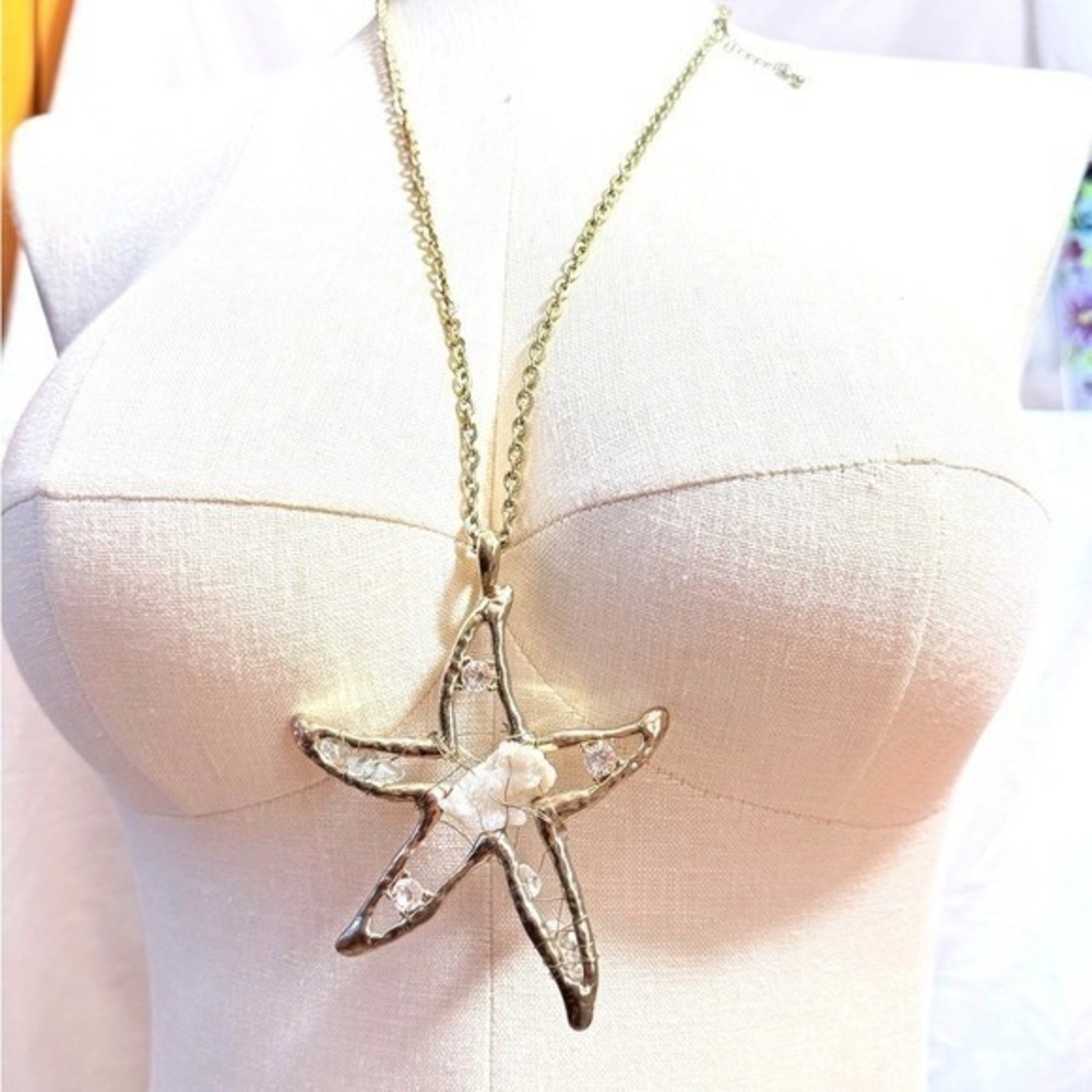 Gold Starfish Pendant Necklace with Faux Shell Inlay 29" chain w/ 2" extension - Picture 2 of 4